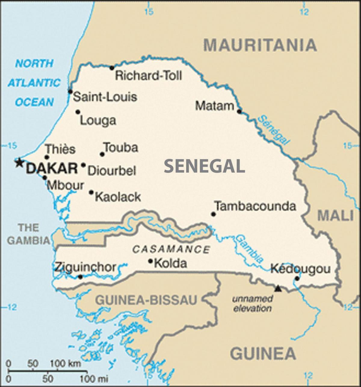 地図のセネガル及び周辺国